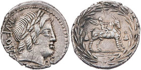 RÖMISCHE REPUBLIK
Mn. Fonteius C. f., 85 v. Chr. AR-Denar Rom Vs.: MN FONTE[I] C F, Kopf des Apollo oder Veiovis mit Lorbeerkranz n. r., darunter Bli...