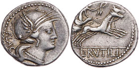 RÖMISCHE REPUBLIK
L. Rutilius Flaccus, 77 v. Chr. AR-Denar Rom Vs.: Kopf der Roma mit geflügeltem Helm n. r., dahinter FLAC, Rs.: Victoria mit Kranz ...