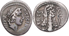 RÖMISCHE REPUBLIK
Q. Sicinius und C. Coponius, 49 v. Chr. AR-Denar mobile Mzst. Vs.: Q · SICIN[IVS] III·VIR, Kopf des Apollo mit Tänie n. r., Rs.: C ...