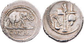 IMPERATORISCHE PRÄGUNGEN
C. Iulius Caesar, gest. 44 v. Chr. AR-Denar 49 v. Chr. Heeresmzst. in Spanien Vs.: Elefant schreitet n. r., davor Schlange, ...
