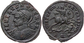 RÖMISCHE KAISERZEIT
Severus II. als Caesar, 305-306 n. Chr. AE-Follis Aquileia, 3. Offizin Vs.: SEVERVS NOB CAES, gepanzerte Büste mit Helm, Schild u...
