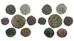 Lot, byzantinische Münzen AE-Prägungen der Zeit 538-595: Folles des Iustinianus I. (CON B XII), Iustinus II. und Sofia (CON [ ] UI; NIKO B XI), Mauric...