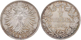 FRANKFURT STADT
 1/2 Gulden 1862 AKS 17; J. 37. R winz. Kratzer, Rs. kl. Stempelfehler, sonst vz-St