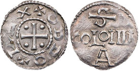 KÖLN KÖNIGLICHE MÜNZSTÄTTE
Otto III., 983-1002, ab 996 als Kaiser. Pfennig vor 996 mit Königstitel Vs.: + ODDO + REX, Kreuz, in den Winkeln je eine K...