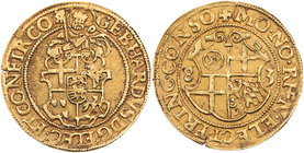 KÖLN ERZBISTUM
Gebhard Truchseß von Waldburg, 1577-1583. Goldgulden 1583 Deutz Prägung im erneuerten Rheinischen Münzverein (Vertrag von 1572), Vs.: ...