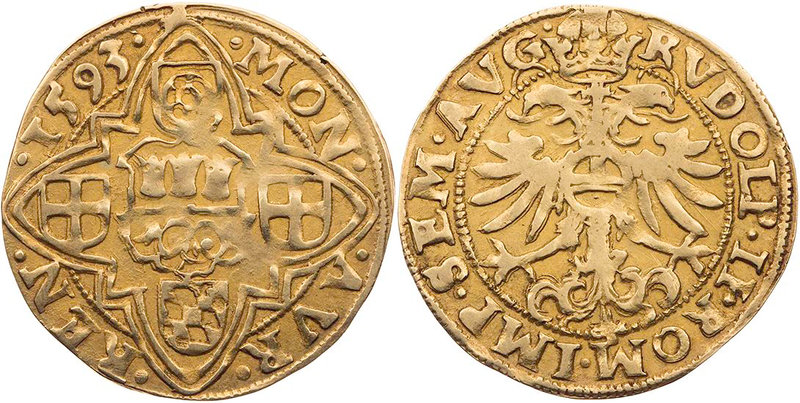 KÖLN STADT
 Goldgulden 1593 Mit Titel Rudolfs II., Vs.: in spitzem Vierpass Sta...