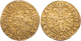 KÖLN STADT
 Goldgulden 1593 Mit Titel Rudolfs II., Vs.: in spitzem Vierpass Stadtschild (unter den drei Kronen Ranken statt Funken), in den Winkeln o...