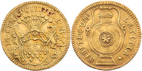 KÖLN STADT
 Goldabschlag von den Stempeln des silbernen Ratszeichens 1716 Vs.: behelmter Stadtschild, von Greif und Löwe gehalten, Rs.: große Pilgerf...