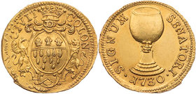 KÖLN STADT
 Goldabschlag im Gewicht von 2 Dukaten von den Stempeln des silbernen Ratszeichens 1730 Vs.: behelmter Stadtschild, von Greif und Löwe (ei...