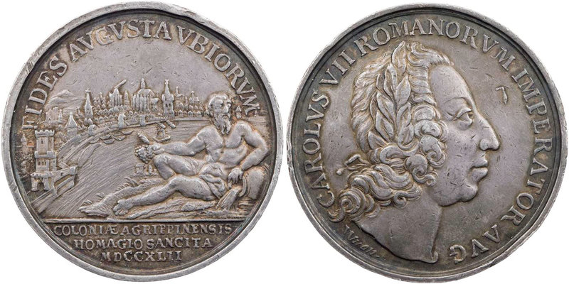 KÖLN STADT
 Silbermedaille 1742 v. P. G. Wyon Auf die Huldigung für Kaiser Karl...