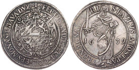 MÜNSTER BISTUM
Ferdinand von Bayern, 1612-1650. Taler 1639 Mzz. Vogel Vs.: unter Mitra vierfeldiger verzierter ovaler Wappenschild Pfalz/Bayern, best...