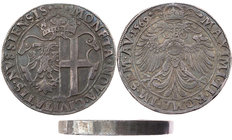 NEUSS STADT
 Doppeltaler 1569 Mit Titel Maximilians II., Vs.: bekrönter mit Rollwerk verzierter zweifeldiger Wappenschild, Rs.: bekrönter Doppeladler...