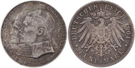 REICHSSILBERMÜNZEN HESSEN
Ernst Ludwig, 1892-1918. 5 Mark 1904 (A) Zum 400. Geburtstag Philipps des Großmütigen J. 75. Patina, Randfehler, sonst vz...