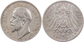 REICHSSILBERMÜNZEN LIPPE
Leopold IV., 1904-1918. 3 Mark 1913 A J. 79. l. berieben, kl. Randfehler, ss-vz