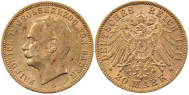 REICHSGOLDMÜNZEN BADEN
Friedrich II., 1907-1918. 20 Mark 1911 G J. 192. 7.94 g. Gold Vs. Kratzer, kl. Randfehler, ss+