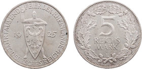 WEIMARER REPUBLIK
 5 Reichsmark 1925 E Zur Jahrtausendfeier der Rheinlande J. 322. min. Randfehler, winz. Kratzer, vz