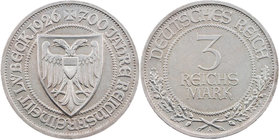 WEIMARER REPUBLIK
 3 Reichsmark 1926 A 700 Jahre Reichsfreiheit Lübeck J. 323. fast vz