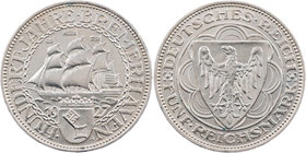 WEIMARER REPUBLIK
 5 Reichsmark 1927 A 100 Jahre Bremerhaven J. 326. vz