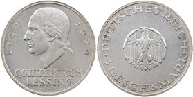 WEIMARER REPUBLIK
 3 Reichsmark 1929 G Zum 200. Geburtstag von Gotthold Ephraim Lessing J. 335. Kratzer, sonst vz