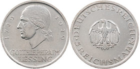 WEIMARER REPUBLIK
 5 Reichsmark 1929 A Zum 200. Geburtstag von Gotthold Ephraim Lessing J. 336. Kratzer, ss-vz