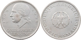 WEIMARER REPUBLIK
 5 Reichsmark 1929 J Zum 200. Geburtstag von Gotthold Ephraim Lessing J. 336. kl. Kratzer, ss-vz
