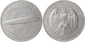 WEIMARER REPUBLIK
 5 Reichsmark 1930 A Zum Weltflug des "Graf Zeppelin" J. 343. l. berieben, kl. Kratzer, fast vz