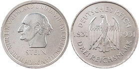 WEIMARER REPUBLIK
 3 Reichsmark 1931 A Zum 100. Todestag des Freiherrn vom und zum Stein J. 348. l. berieben, kl. Kratzer und Randfehler, sonst vz