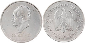 WEIMARER REPUBLIK
 3 Reichsmark 1932 G Zum 100. Todestag Goethes J. 350. l. berieben, kl. Kratzer, fast vz