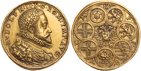 RÖMISCH-DEUTSCHES REICH
Rudolf II., 1576-1612. Goldmedaille zu 5 Dukaten 1599 ohne Signatur, v. Valetin Maler Auf den Reichstag zu Regensburg, Vs.: g...
