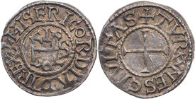 FRANKREICH/KAROLINGER
Ludwig II., 877-879, oder Ludwig III., 879-882. Denar o. J. Tours Vs.: +MISERICORDIA D-I REX um Ludovicus-Monogramm, Rs.: TVRON...
