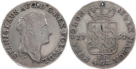 POLEN KÖNIGREICH
Stanislaus August, 1764-1795. Gulden (4 Silbergroschen) 1791 EB Warschau Vs.: Büste n. r., Rs. bekröntes Wappen über Wert (4 GR.) Gu...
