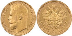 RUSSLAND KAISERREICH
Nikolaus II., 1894-1917. 15 Rubel 1897 St. Petersburg, Mmz. AG (kyrill.) Bitkin 2; Fr. 177; Schlumberger 197. 12.86 g. Gold min....