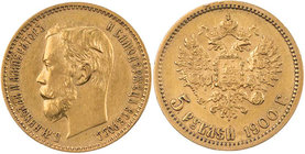 RUSSLAND KAISERREICH
Nikolaus II., 1894-1917. 5 Rubel 1900 St. Petersburg, Mmz. Phi 3 (kyrill.) Bitkin 26; Fr. 180; Schlumberger 221. 4.29 g. Gold Ra...