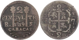 VENEZUELA
Unter spanischer Herrschaft. Fernando VII., 1808-1814-1833. 2 Reales 1819 BS Caracas KM C6. Vs. Kratzer, s-ss