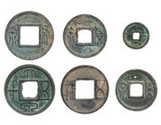 CHINA WANG MANG, 7-23.
 Lot Käschmünzen Hartill 9.2, 9.14, 9.32, 9.33, 9.71, 10.2. 6 Stück meist ss-vz