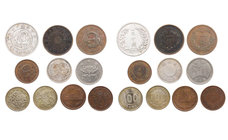 JAPAN
 Lot 100 Yen Showa Jahr 34 (1959), Jahr 39 (1964); 50 Yen Showa Jahr 30 (1955); 10 Yen Showa Jahr 39 (1964); 50 Sen Meiji Jahr 32 (1899), Taish...