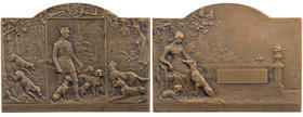 FAUNA HUNDE
 Bronzeplakette o. J. (vor 1908) v. Pierre Lenoir, bei Arthus Bertrand, Paris Vs.: Förster vor Forsthaus mit Meute, links Bluthunde, rech...