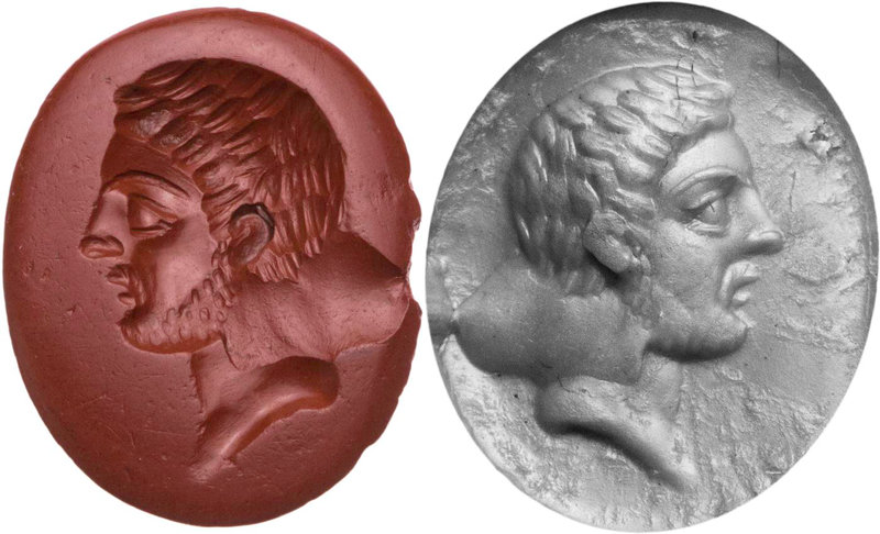 GEMMEN UND SIEGELSTEINE
 Intaglio Jaspis, dunkelrot, hochoval, flach, mit der D...