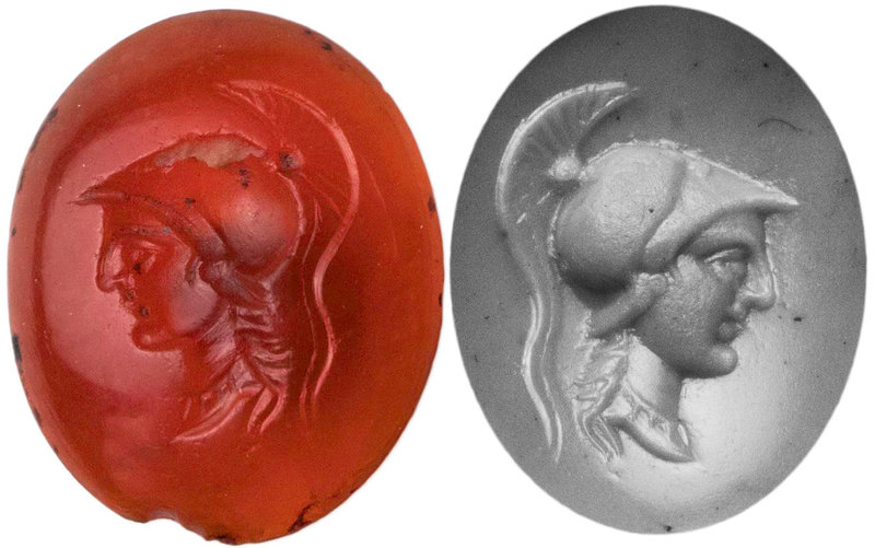 GEMMEN UND SIEGELSTEINE
 Intaglio Karneol, hellrot transluzid, hochoval, leicht...