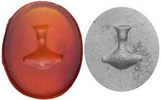 GEMMEN UND SIEGELSTEINE
 Intaglio Karneol, rot transluzid, hochoval, flach, mit der Darstellung des Geldbeutels des Merkur, H. 10 x B. 8 x T. 2 mm, f...