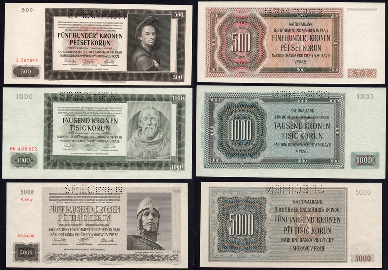 Czechoslovakia Lot of 3 Banknotes
500 1000 Korun 1942 & 5000 Korun 1944; Specim...