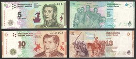 Argentina Lot of 2 Banknotes 5 & 10 Pesos 2015 Prefix A
P# 359, 360; UNC