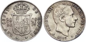 Philippines 20 Centimos de Peso 1883
KM# 149; Silver; Alfonso XII; XF