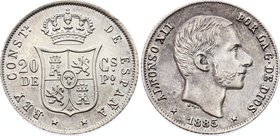 Philippines 20 Centimos de Peso 1885
KM# 149; Silver; Alfonso XII; UNC