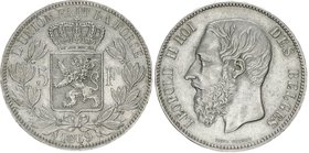 Belgium 5 Francs 1869
KM# 24; Silver; Small Head