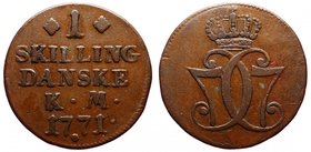 Denmark 1 Skilling 1771 K.M.
KM# 616.1; Сopper 11.26g 29 mm; Cabinet Patina; VF