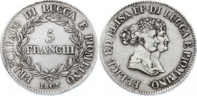 Italian States Lucca e Piombino 5 Franchi 1805
KM# 24.1; Lucca & Piombino Florenz Mint 5 Franchi, Mintage 83,309, VF-XF