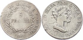 Italian States Lucca e Piombino 5 Franchi 1807
KM# 24.3; Silver; Felix and Elisa; VF+/XF-