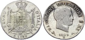 Italian States Kingdom of Italy 5 Lire 1809 B
KM# 10.3; Napoleon Imperatore e Rex 5 Lire Bologna Mint, Mintage 221000, VF
