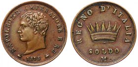 Italian States 1 Soldo 1813 M
Napoleon I; C# 3.2; Copper, 10.44g; Mint Milan